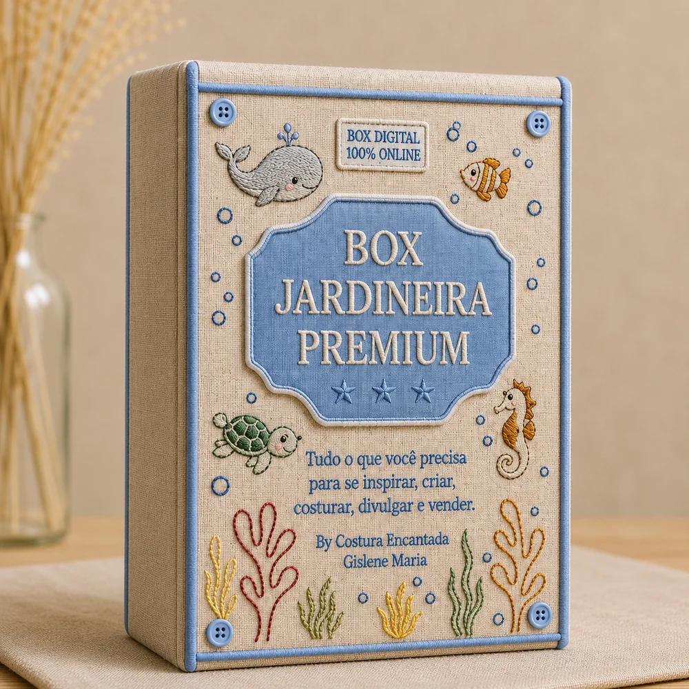 Box Jardineira Premium, caixa de linho natural com cena do fundo do mar bordada