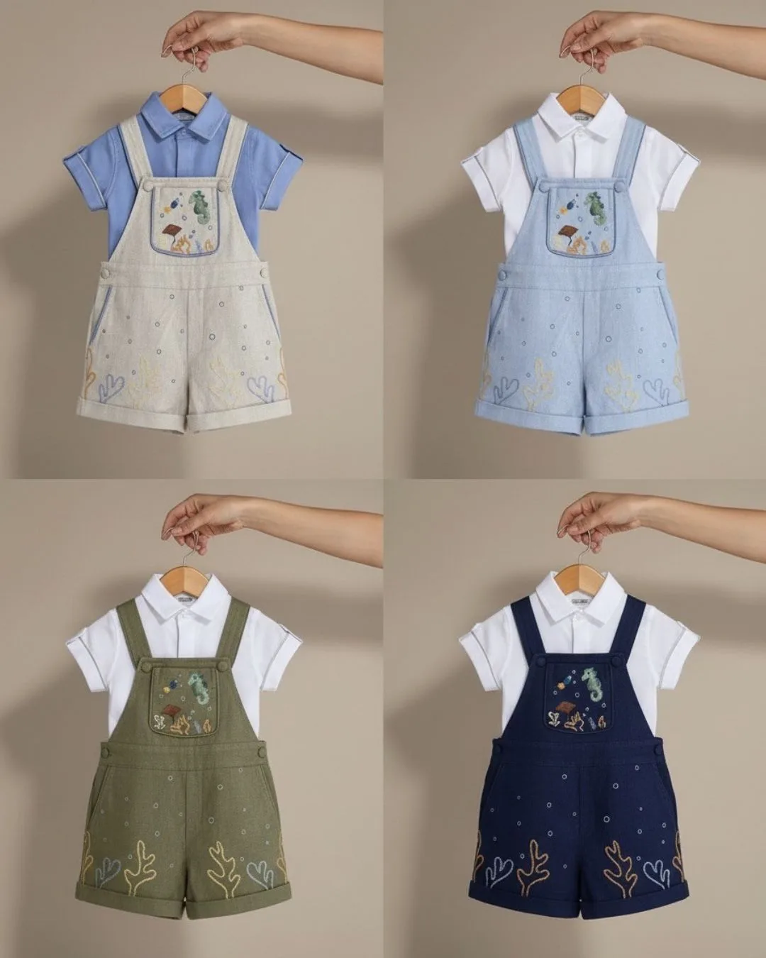 Quatro Jardineiras Premium em tecidos nobres diferentes — linho cru com pesponto contrastante, veludo cotelê bordô, sarja verde oliva e tricoline estampado — todas com bolso de aba funcional e fivela artesanal