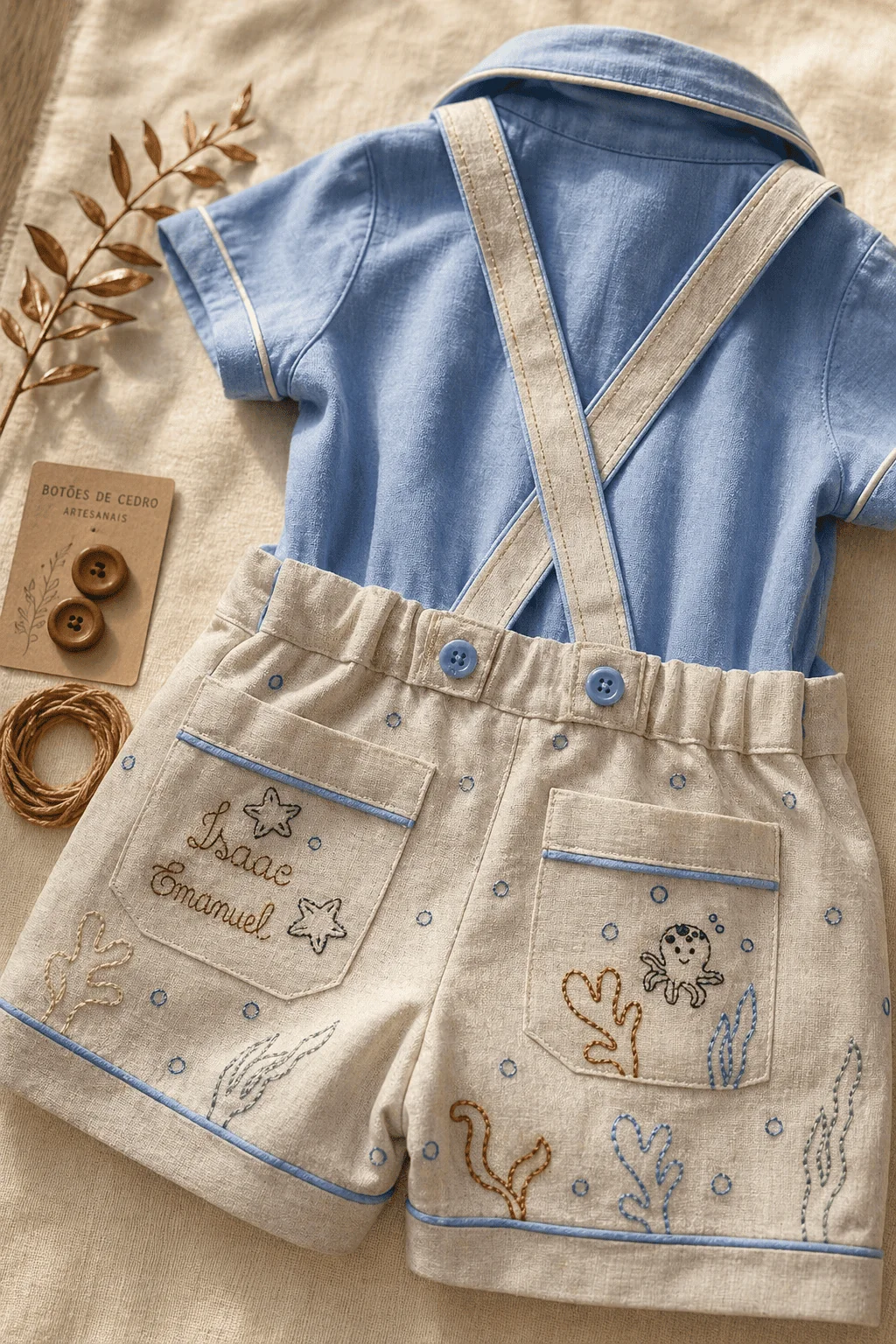 Jardineira Premium vista pelas costas em flat-lay editorial — alças cruzadas em X com bordado delicado, bolsos traseiros com monograma bordado 'Isaac Emanuel' personalizado + polvo bordado, cartão craft 'Botões de Couro · Artesanais' com 3 botões decorativos ao lado — fundo linho cru, folha seca