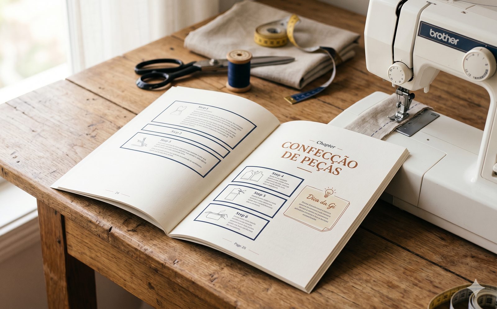 Manual de Bancada do Projeto Jardineira Premium aberto sobre bancada de madeira com máquina de costura, tesoura, carretel de linha contrastante e tecido de linho natural